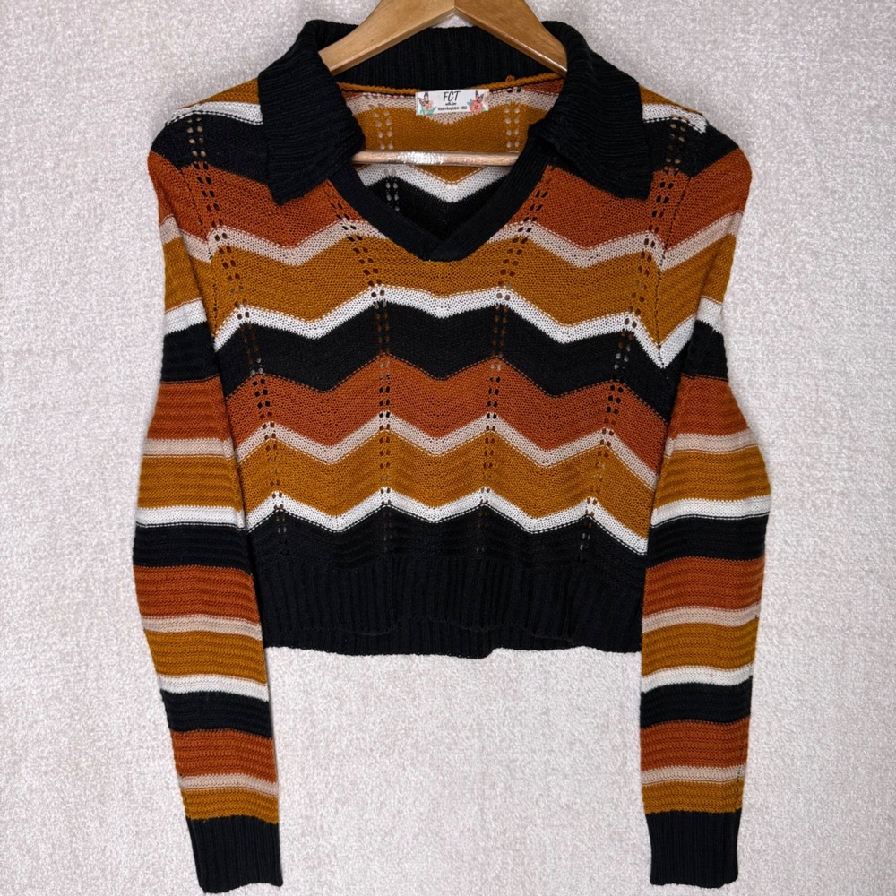 FCT With Love Women's Large Chevron Pointelle Knit Collared Sweater Cropped